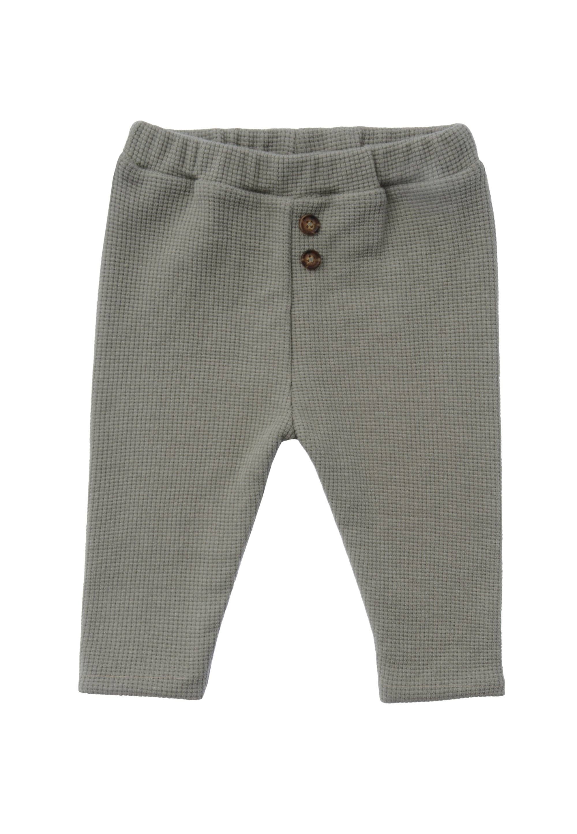 Olivfarbene Waffelpiqué-Hose für Babys, stylisch mit Knöpfen, weiches Baumwollfutter, perfekt kombinierbar mit passender Jacke.