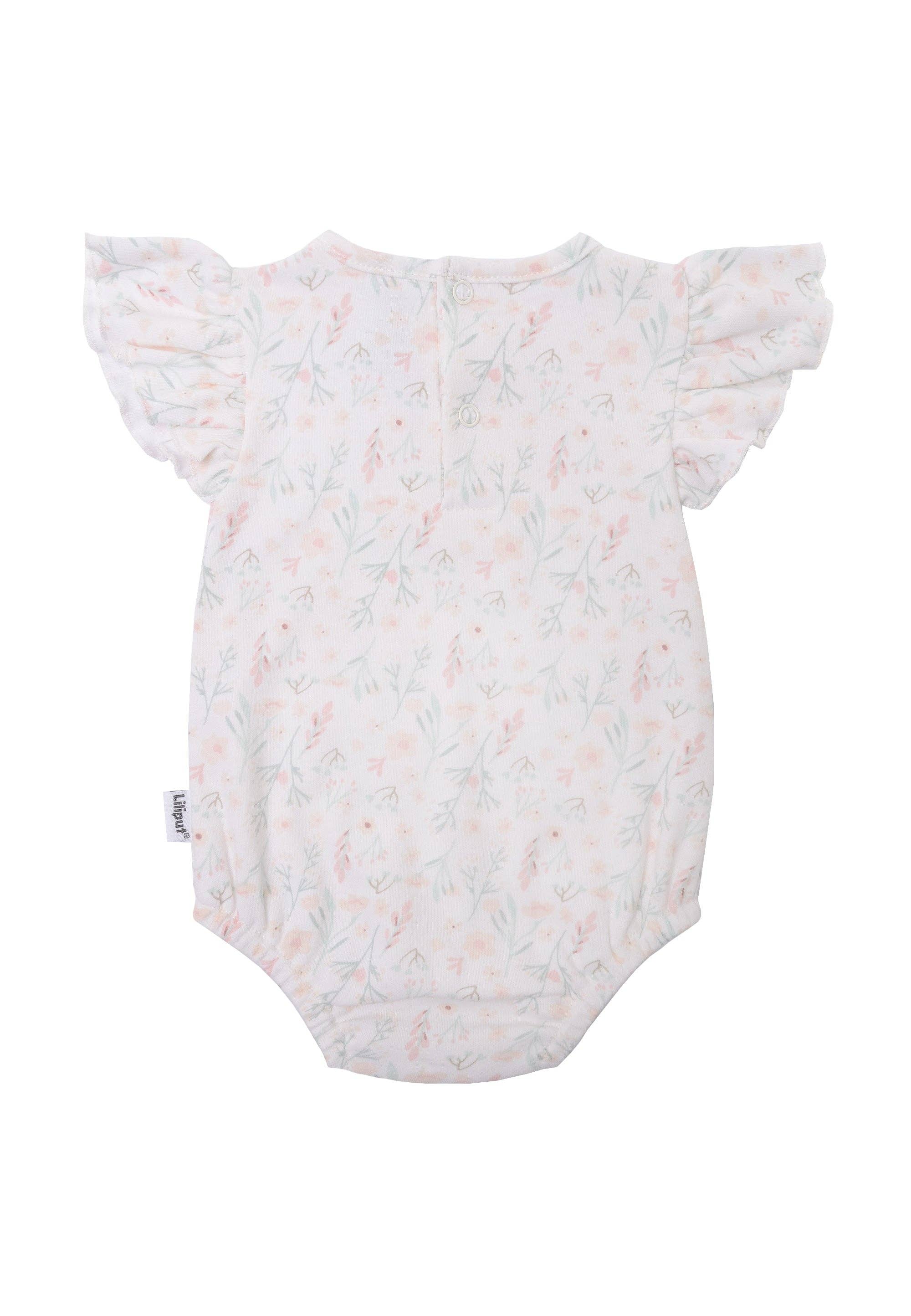 Süßer Baby Kurzarmbody mit Rüschen und floralem Print, aus weicher Baumwolle, praktischer Body mit Druckknöpfen für Mädchen.
