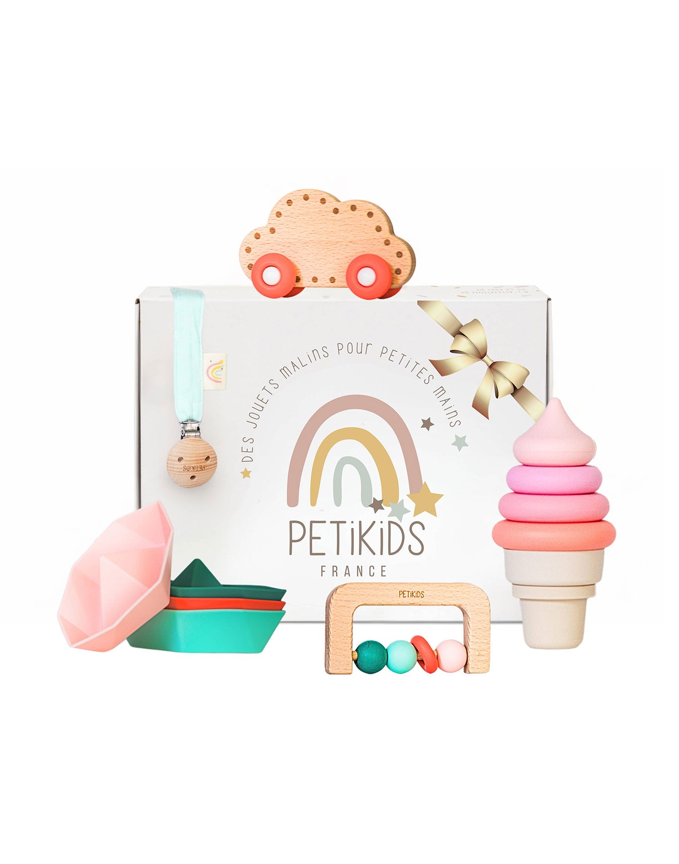 Montessori Entdeckungsset für Babys 3-36 Monate mit Holz- und Silikonspielzeug, Beißring, Schnullerhalter, 4 stapelbaren Booten, stapelbarem Eis und Wolken-Auto.