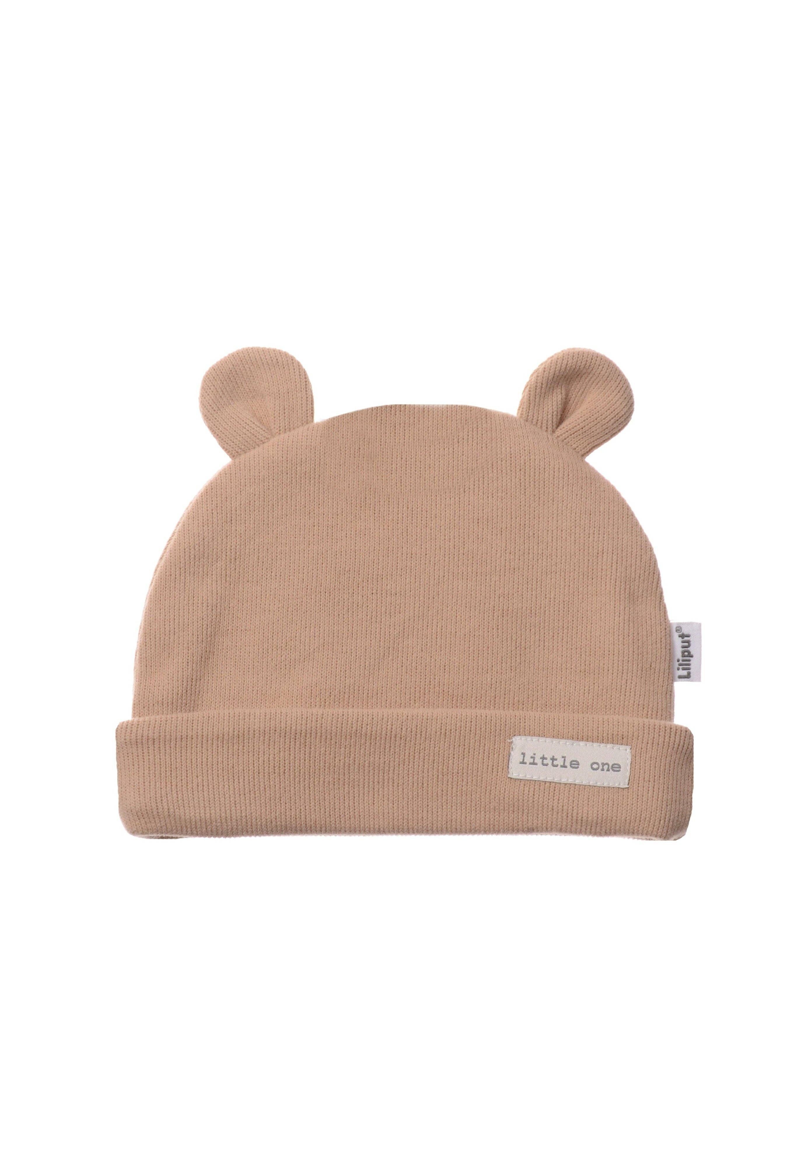 Rib-Strick-Mütze beige mit Öhrchen und Umschlag, weiche Babymütze mit Patch little one
