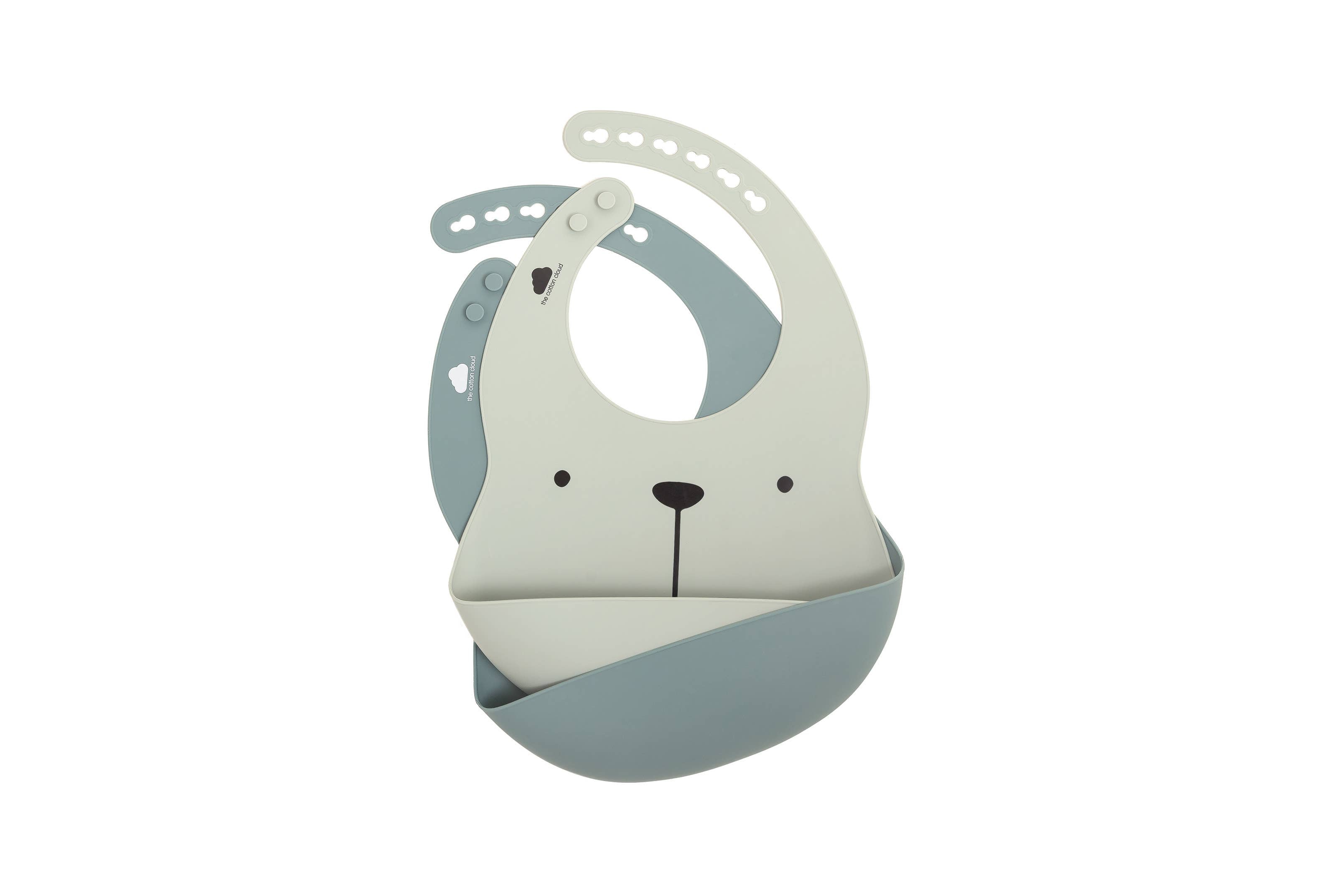 Silikon Lätzchen Set Eisberg und Meer mit Lili der Bärin, verstellbare Baby Lätzchen mit Auffangschale, wasserdicht, spülmaschinenfest und BPA-frei.