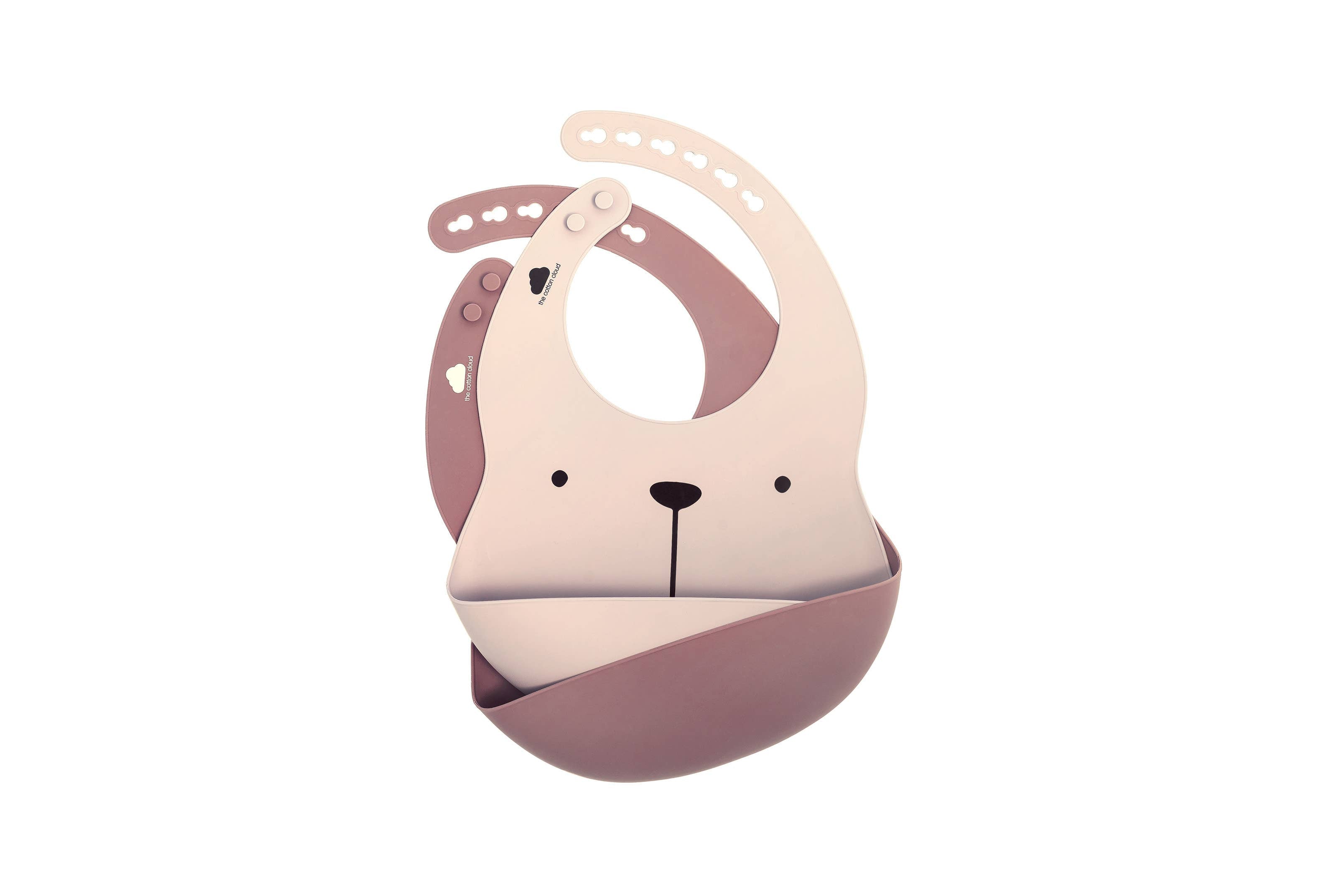 Silikon Lätzchen Set Pflaume und Blush mit Lili der Bärin, verstellbare Baby Lätzchen mit Auffangschale, wasserdicht, spülmaschinenfest und BPA-frei.