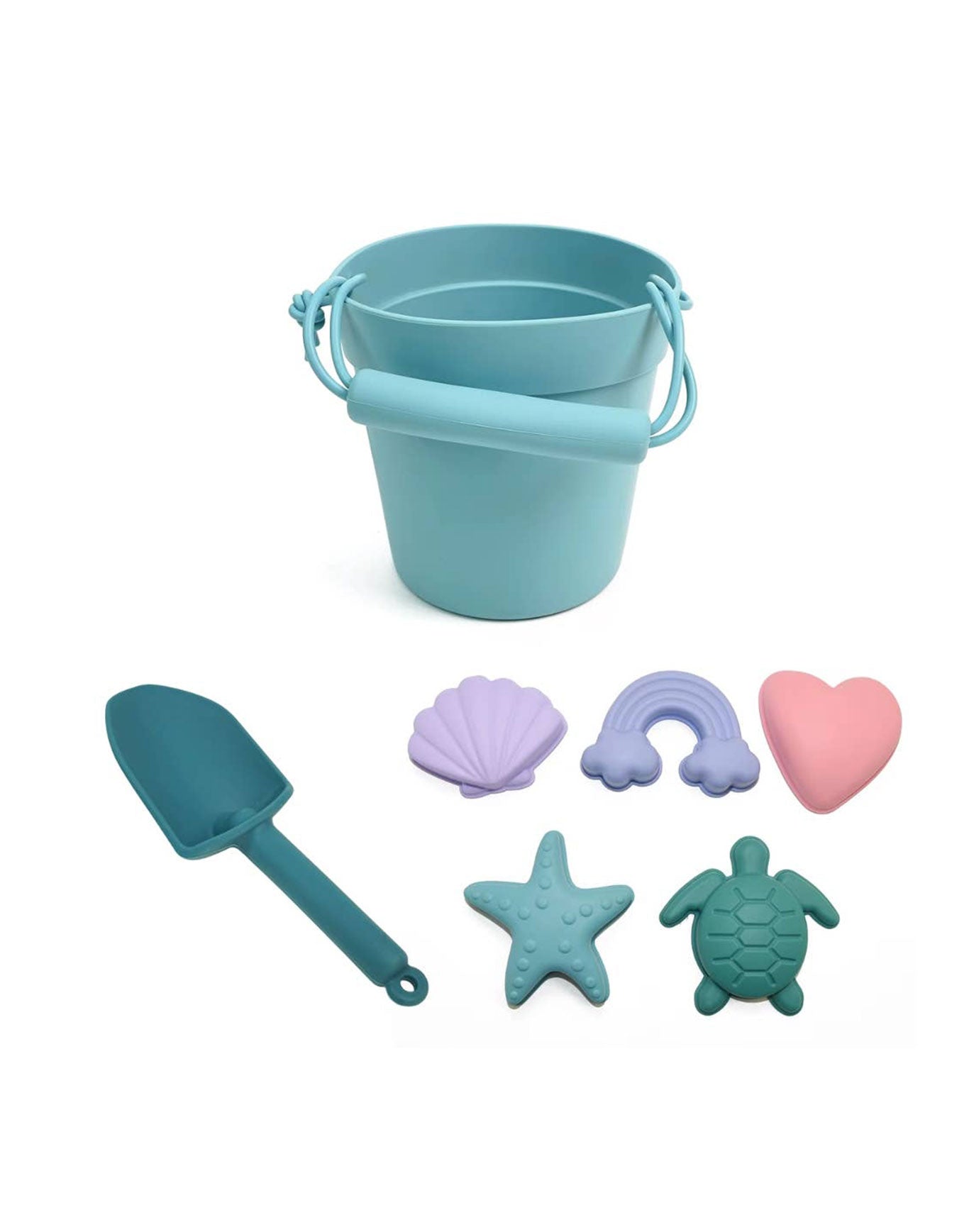 Silikon-Strandspielzeug für Kinder – 7-teiliges Set mit Eimer, Schaufel und bunten Sandformen wie Muschel, Regenbogen, Stern, Herz und Schildkröte für kreatives Spielen am Strand.
