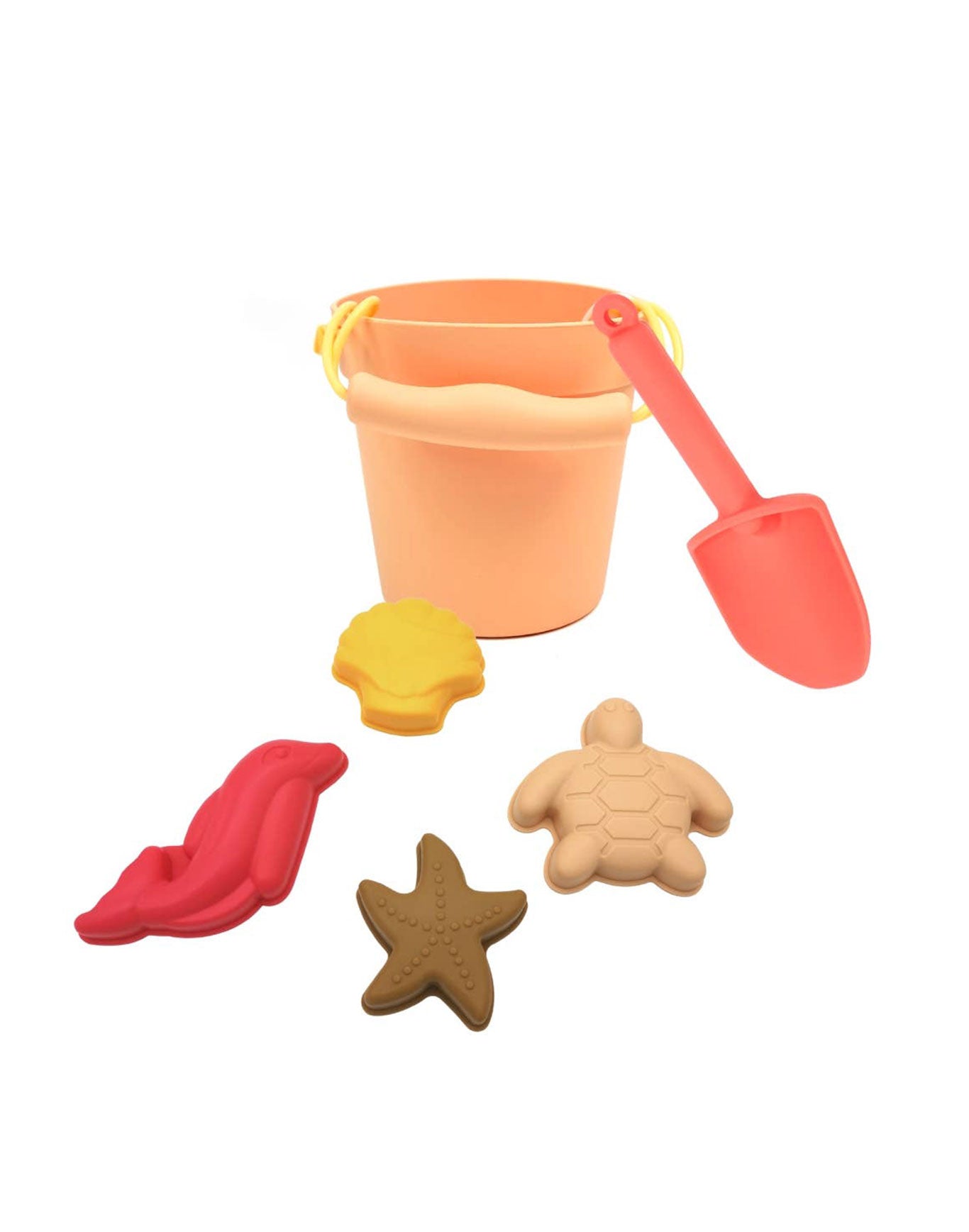 Kinder-Strandspielzeug Set aus Silikon mit Eimer, Schaufel und 4 Formen (Delfin, Schildkröte, Seestern, Muschel), inklusive Baumwoll-Transporttasche.