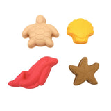 Kinder-Strandspielzeug Set aus Silikon mit Eimer, Schaufel und 4 Formen (Delfin, Schildkröte, Seestern, Muschel), inklusive Baumwoll-Transporttasche.