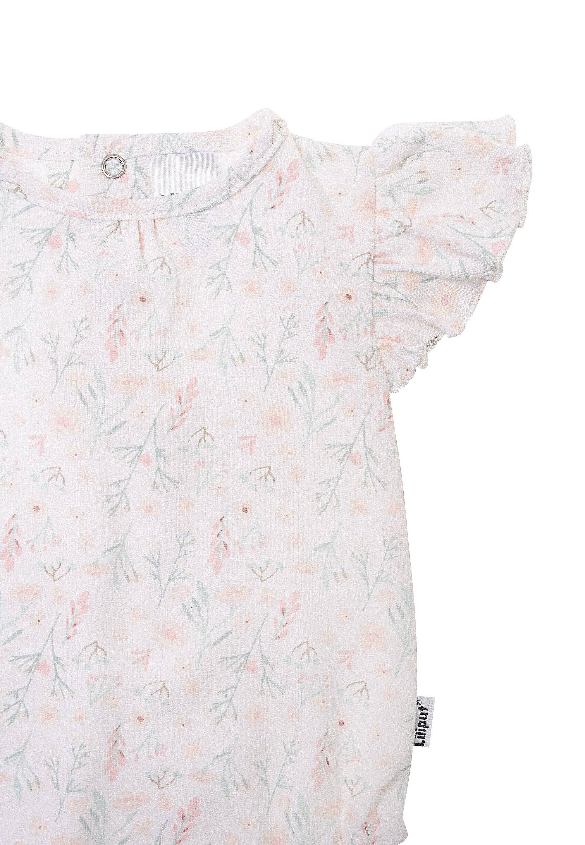 Sommer Kurzarmbody für Babys mit Blümchenmuster und Rüschen, 100% Baumwolle, atmungsaktiv, hautfreundlich und leicht anzuziehen.