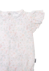 Sommer Kurzarmbody für Babys mit Blümchenmuster und Rüschen, 100% Baumwolle, atmungsaktiv, hautfreundlich und leicht anzuziehen.