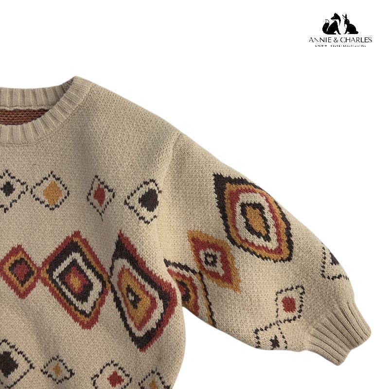 Weicher Strickpullover für Kinder aus Baumwolle und Elasthan im Retro-Design – Annie & Charles AZTEK in warmen Herbstfarben.