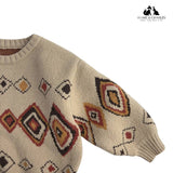 Weicher Strickpullover für Kinder aus Baumwolle und Elasthan im Retro-Design – Annie & Charles AZTEK in warmen Herbstfarben.