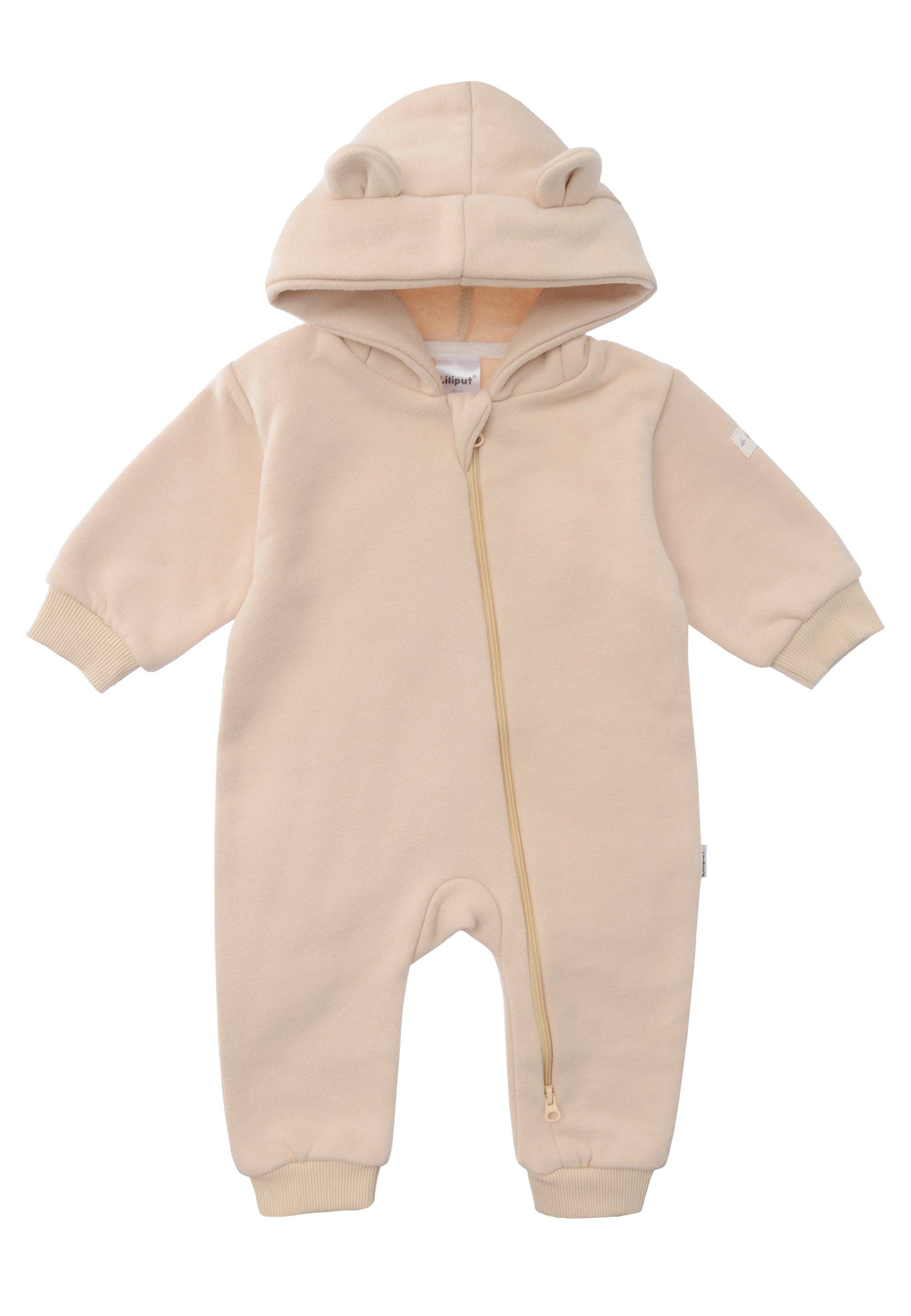 Baby Sweatoverall in Beige mit Kapuze und niedlichen Öhrchen, aus 80% Baumwolle und 20% Polyester, kuschelig weich und bequem für Alltag und Spiel.