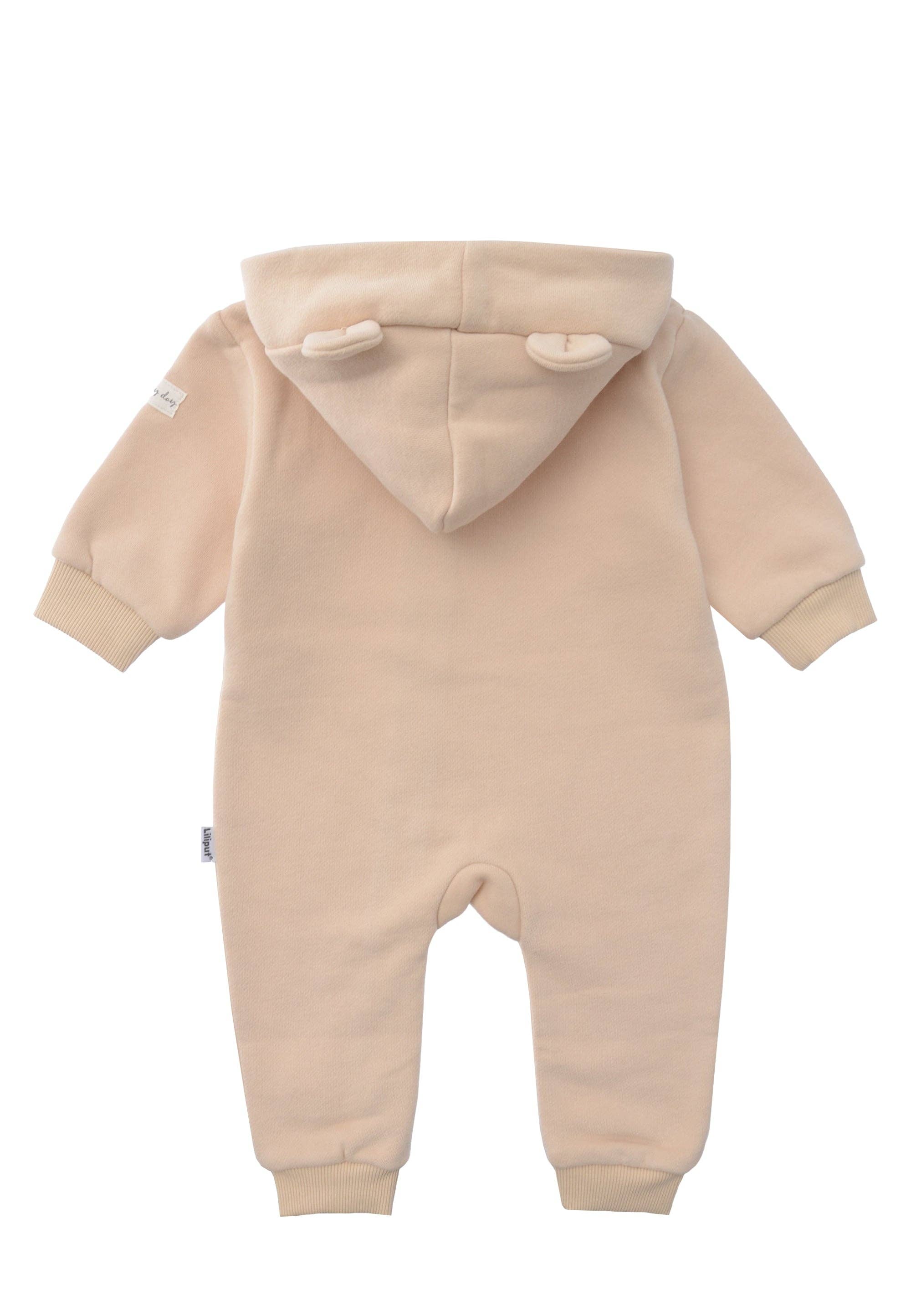 Baby Sweatoverall in Beige mit Kapuze und niedlichen Öhrchen, aus 80% Baumwolle und 20% Polyester, kuschelig weich und bequem für Alltag und Spiel.
