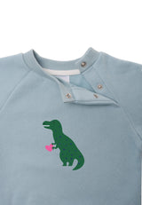 Baby Sweatshirt in Hellblau mit Dino-Print, aus 80% Baumwolle und 20% Polyester, weiche Ribbündchen an Ärmeln, praktische Druckknöpfe am Halsausschnitt.