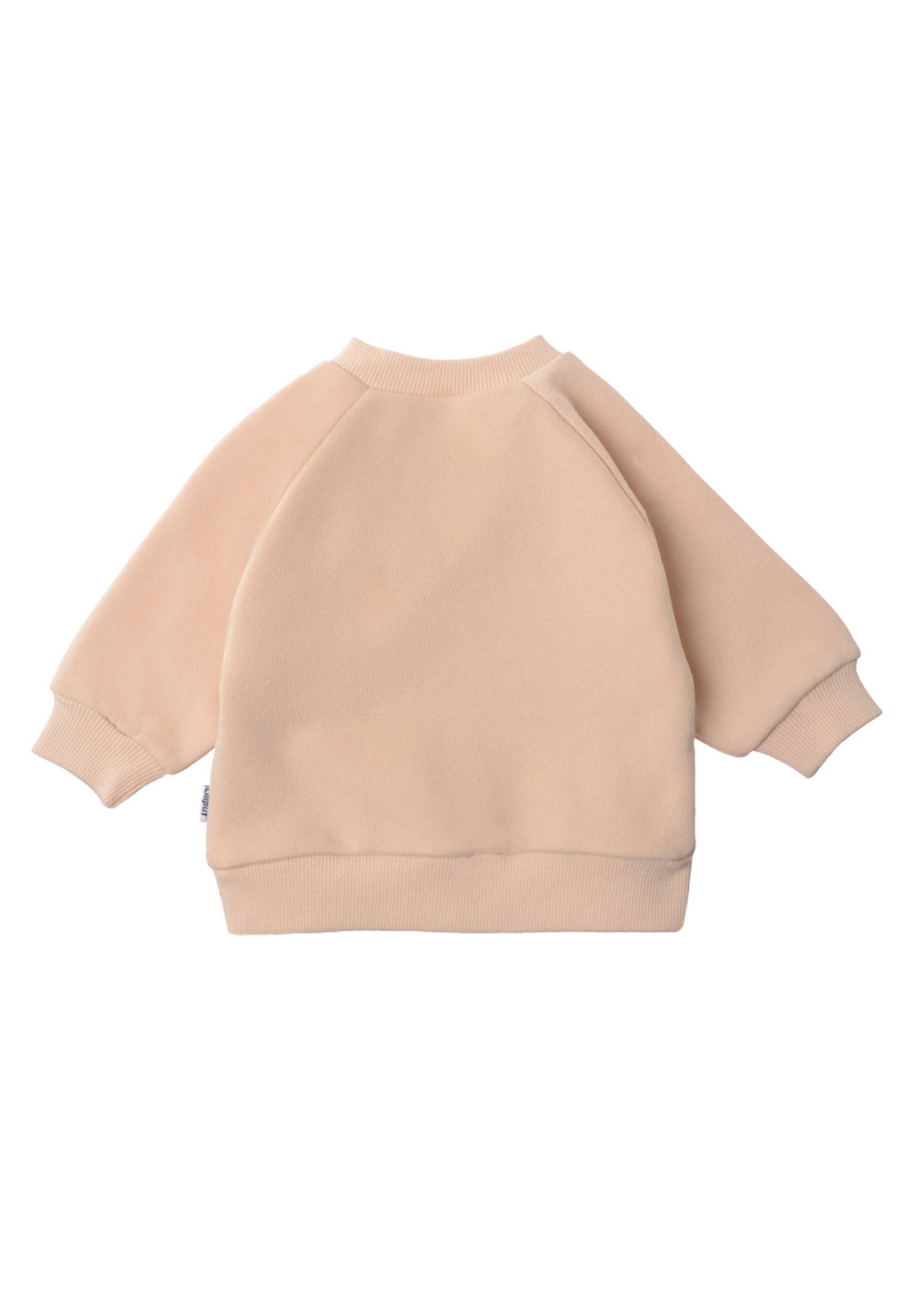 Baby Sweatshirt in Beige mit herbstlichem Dackel-Print, aus 80% Baumwolle und 20% Polyester, weiche Ribbündchen an Ärmeln, Druckknöpfe am Halsausschnitt.