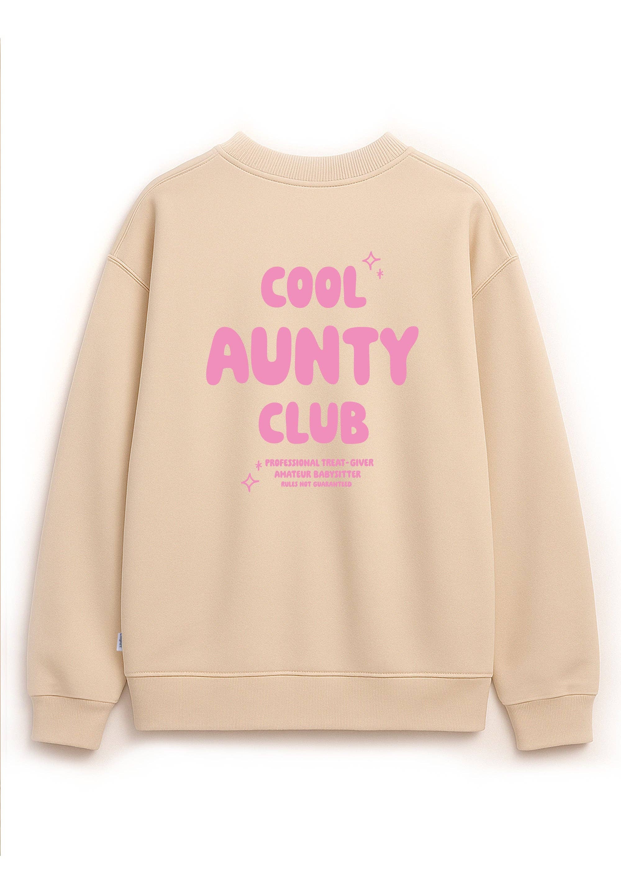 Beiges Oversized Sweatshirt Cool Aunty Club mit pinkem Smiley Print und Rückendruck, Mini & Me Edition.