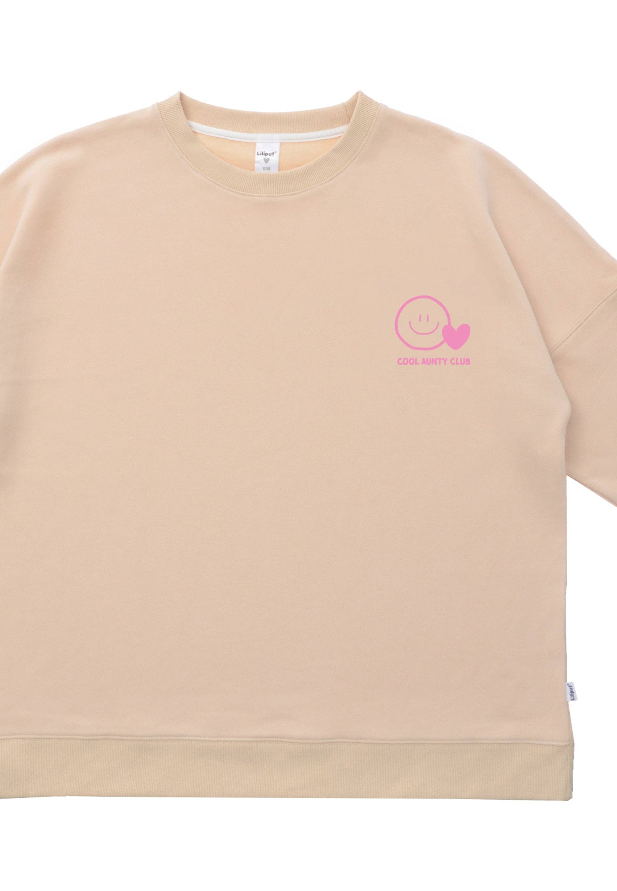 Oversized Damen Sweatshirt Cool Aunty Club beige mit pinkem Smiley, Ribbündchen und Baumwollmischung.