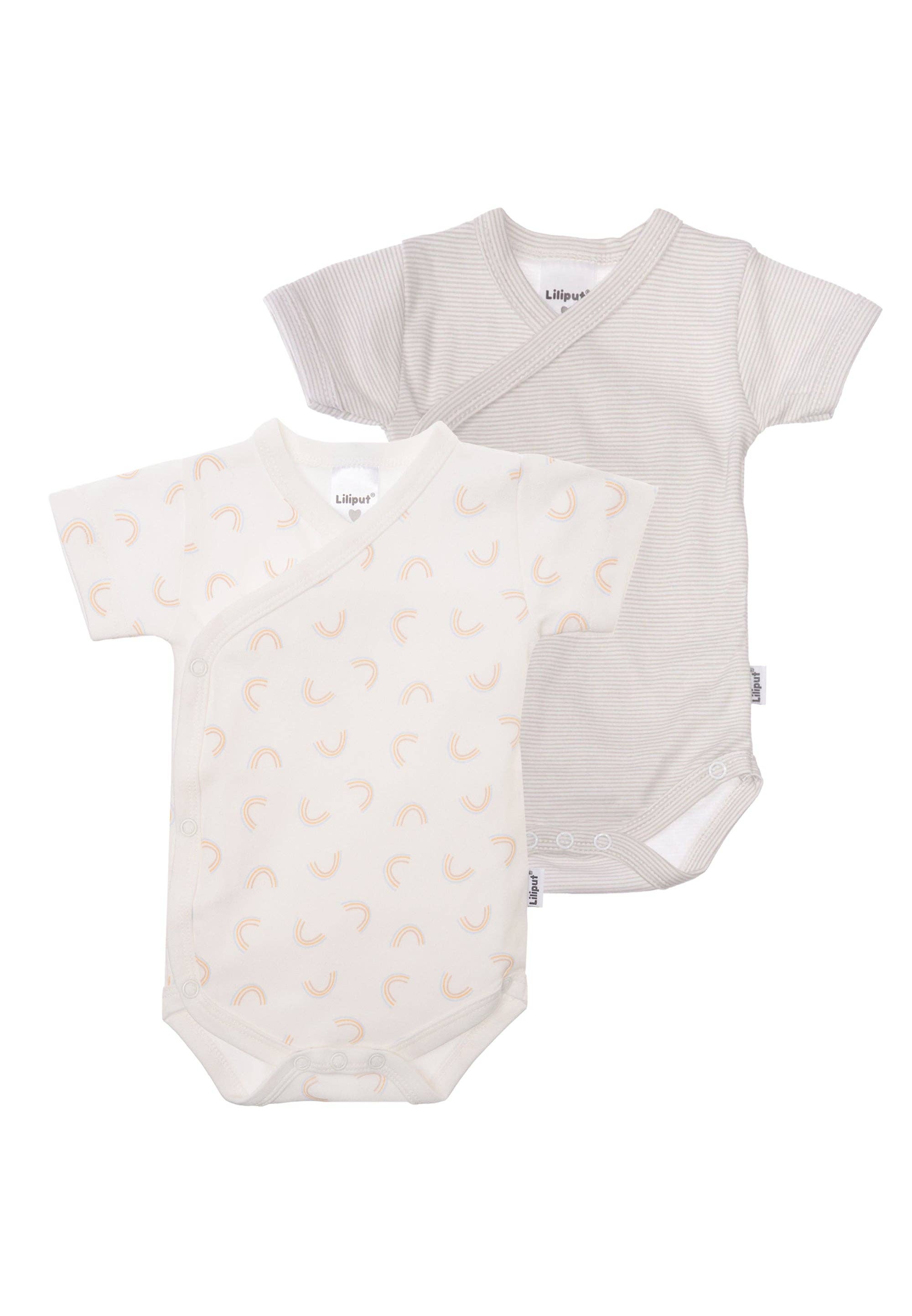 2er-Pack Kurzarm-Wickelbodys für Babys aus 100% Baumwolle, ein Body mit Regenbogen-Print, der andere grau gestreift, weich und bequem.