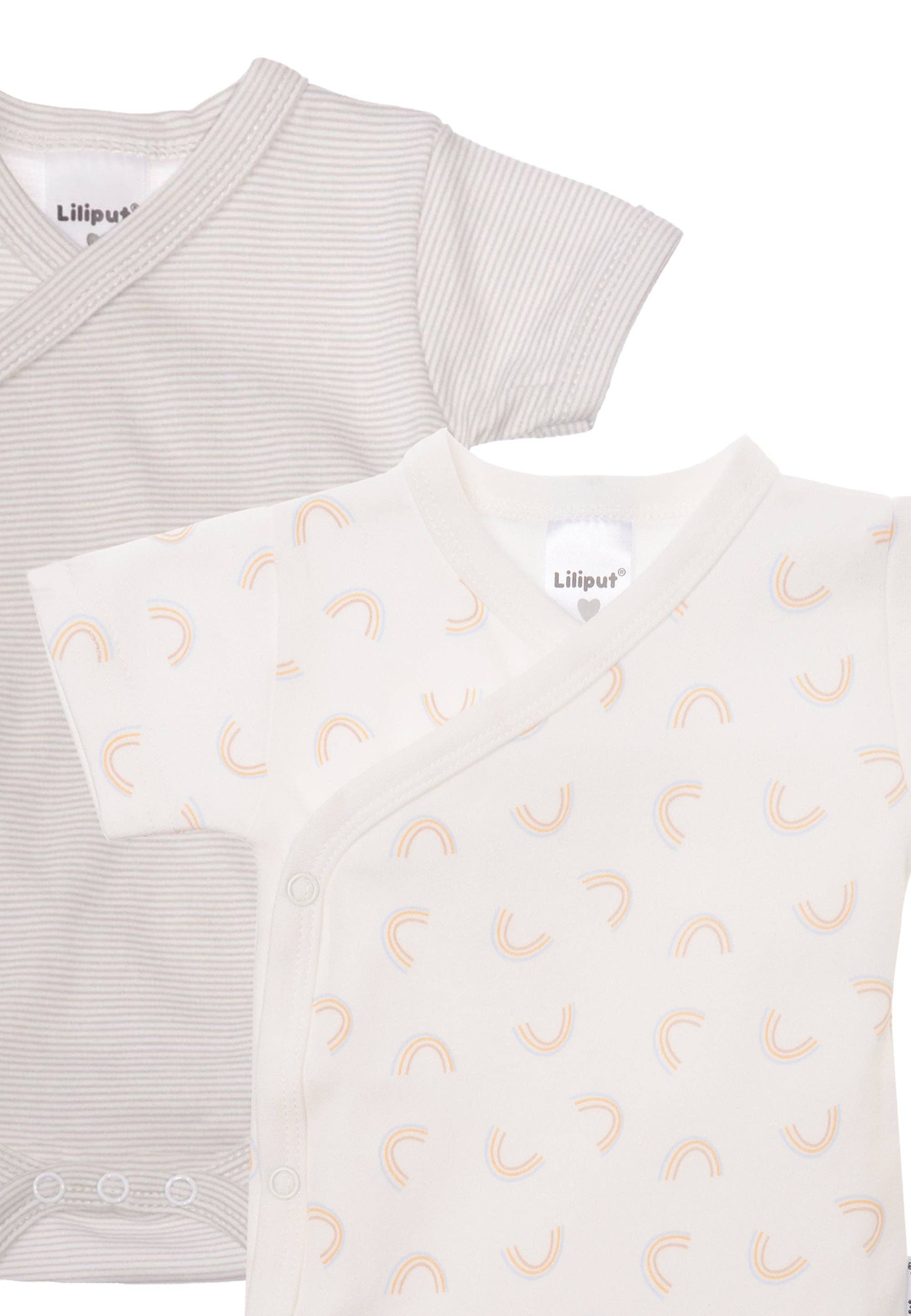 2er-Pack Kurzarm-Wickelbodys für Babys aus 100% Baumwolle, ein Body mit Regenbogen-Print, der andere grau gestreift, weich und bequem.